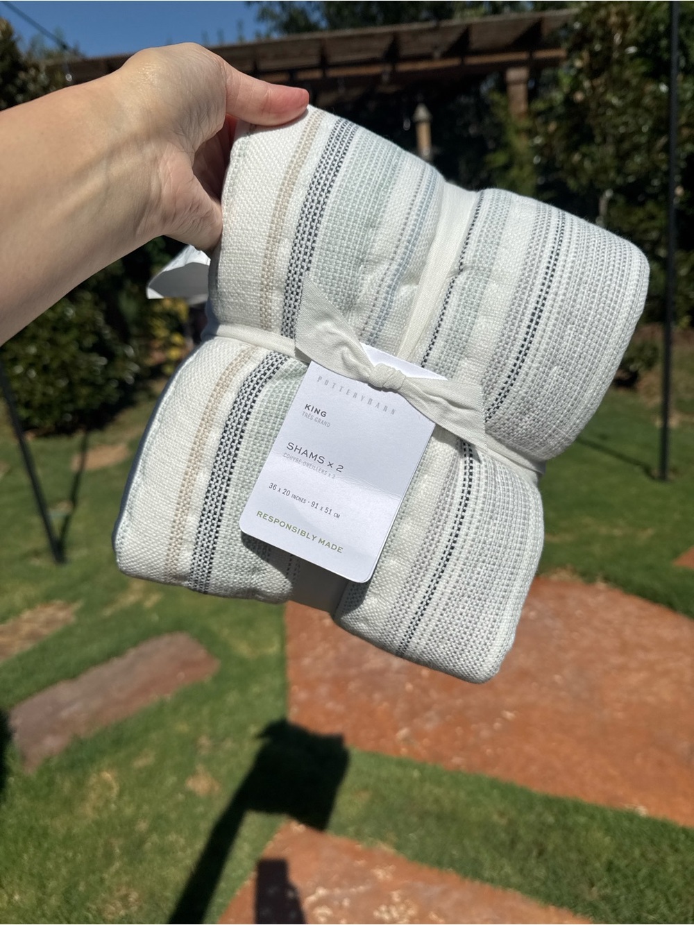 Pottery Barn Neutral Striped King Pillow Shams — White, Tan